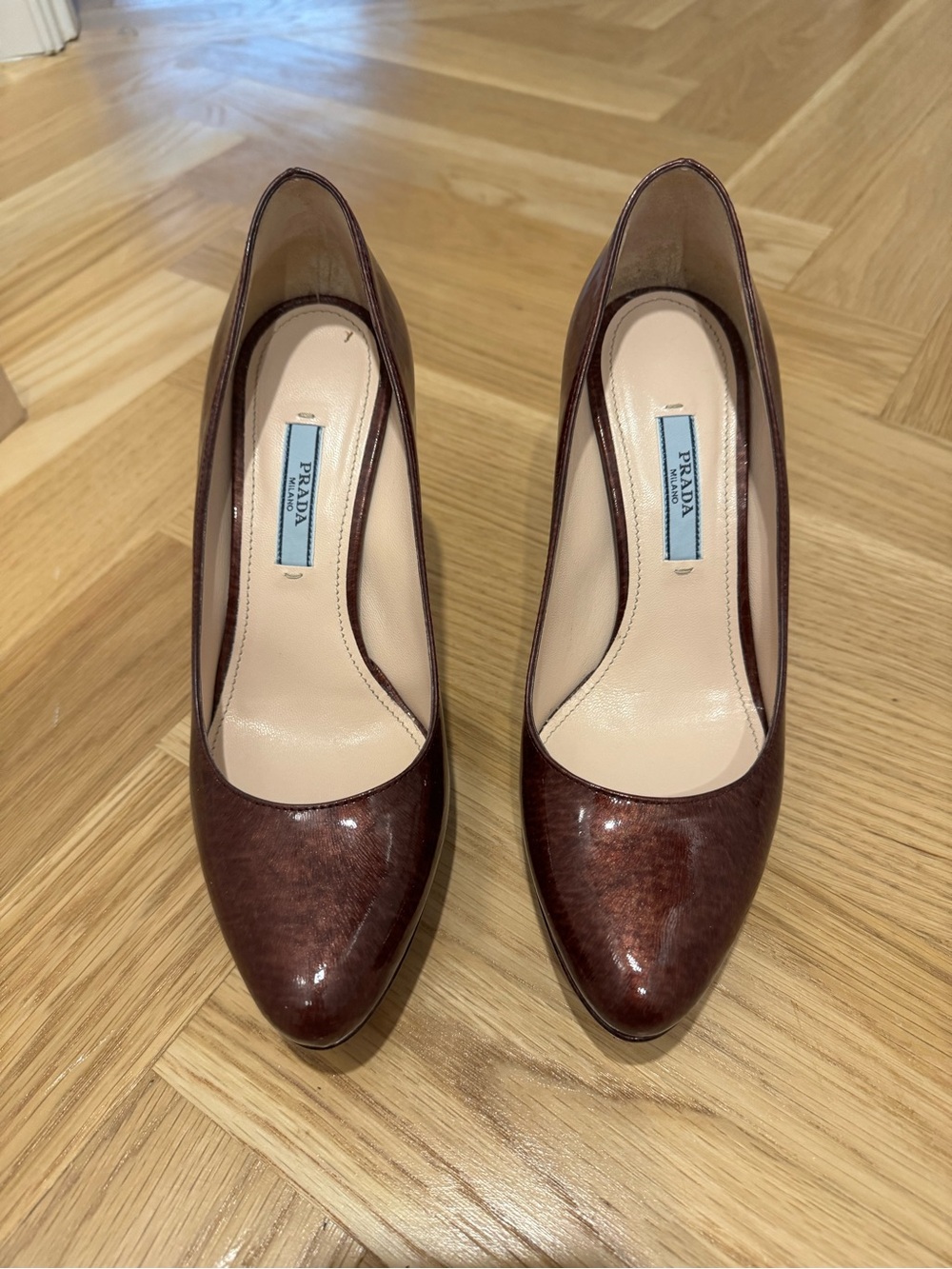 Prada Vernice St. Pony Brick Patent Leather Platform Pointed-Toe Pumps